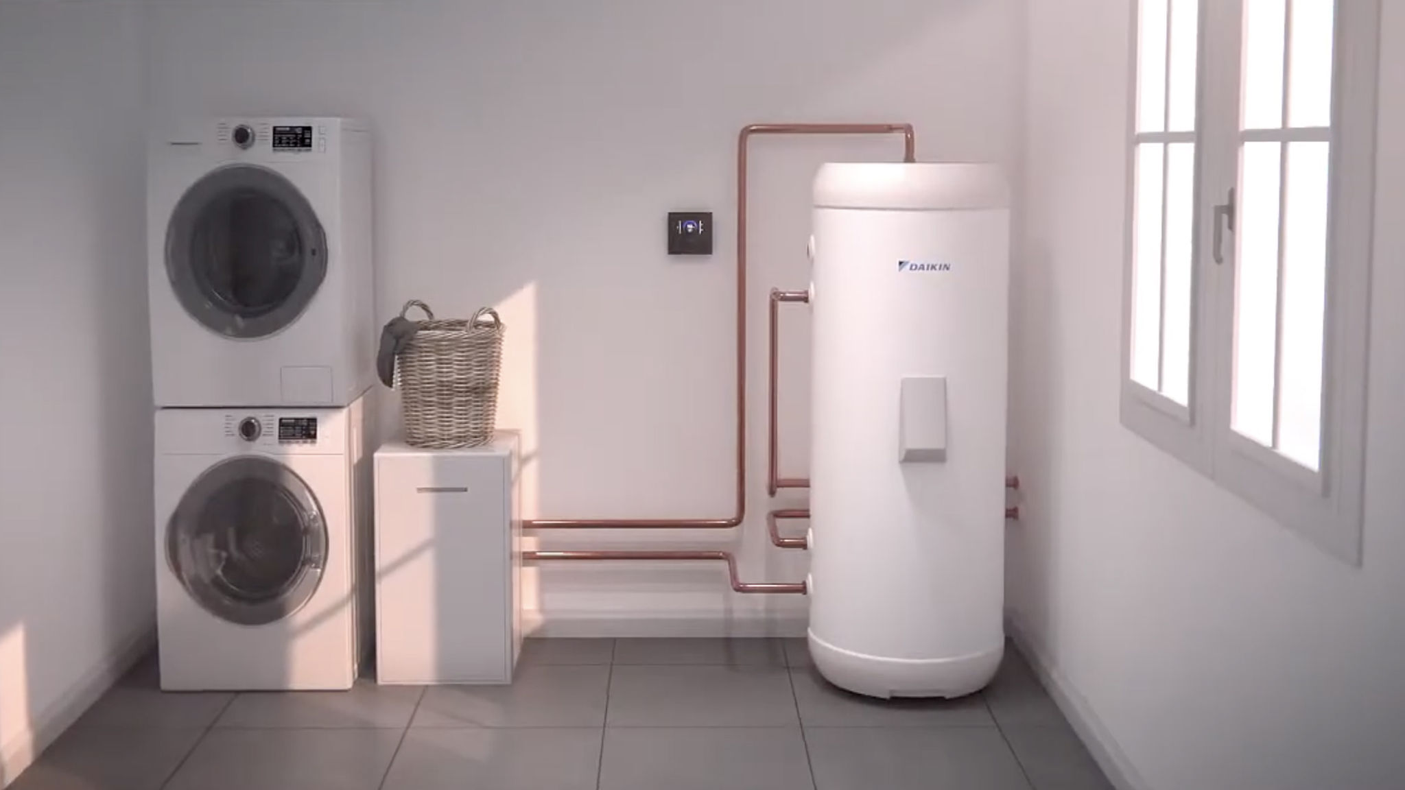 Depósito de água quente Daikin integrado numa lavandaria